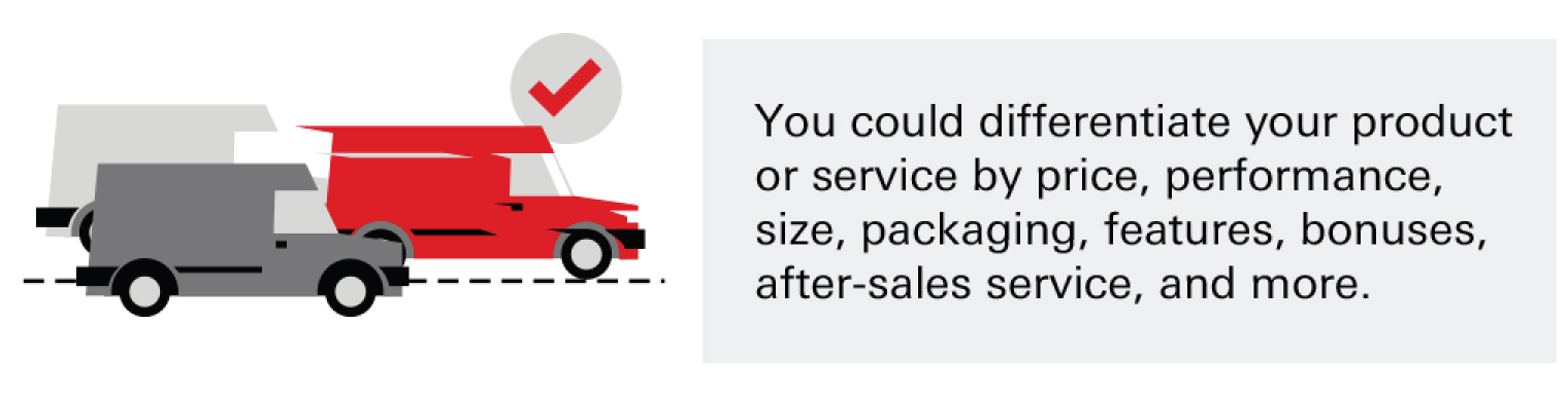 You could differentiate your product or service by price, performance, size, packaging, features, bonuses, after-sales service, and more.
